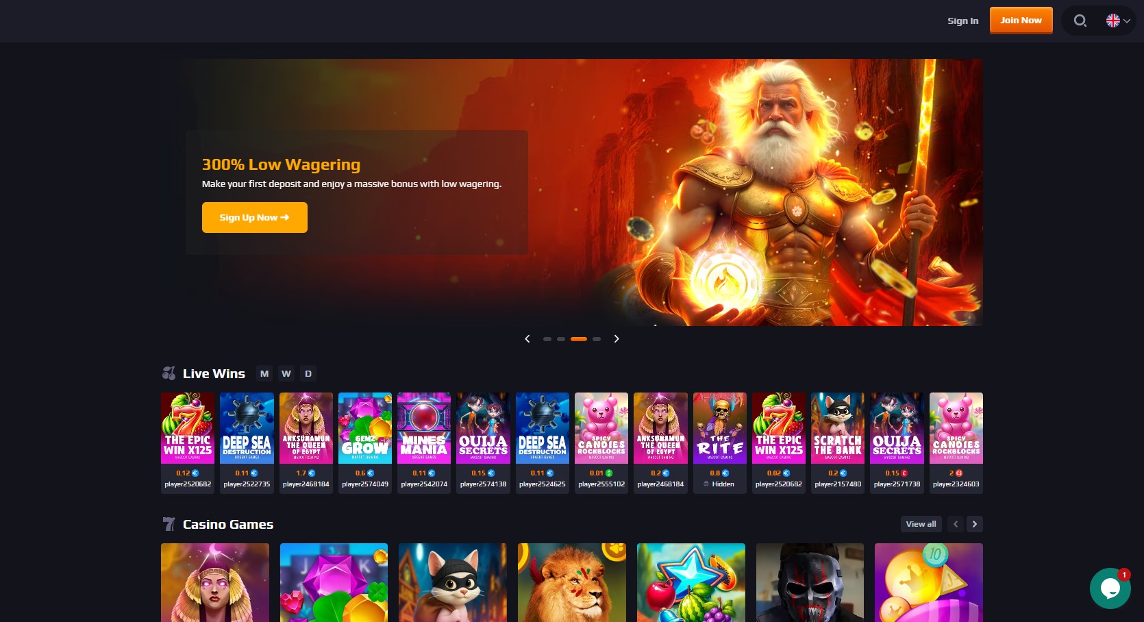 Blaze Spins Casino homepage and welcome bonus selection