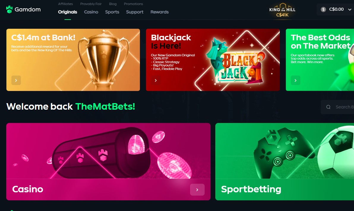 Gamdom Casino 15% rakeback welcome offer no wagering requirements homepage