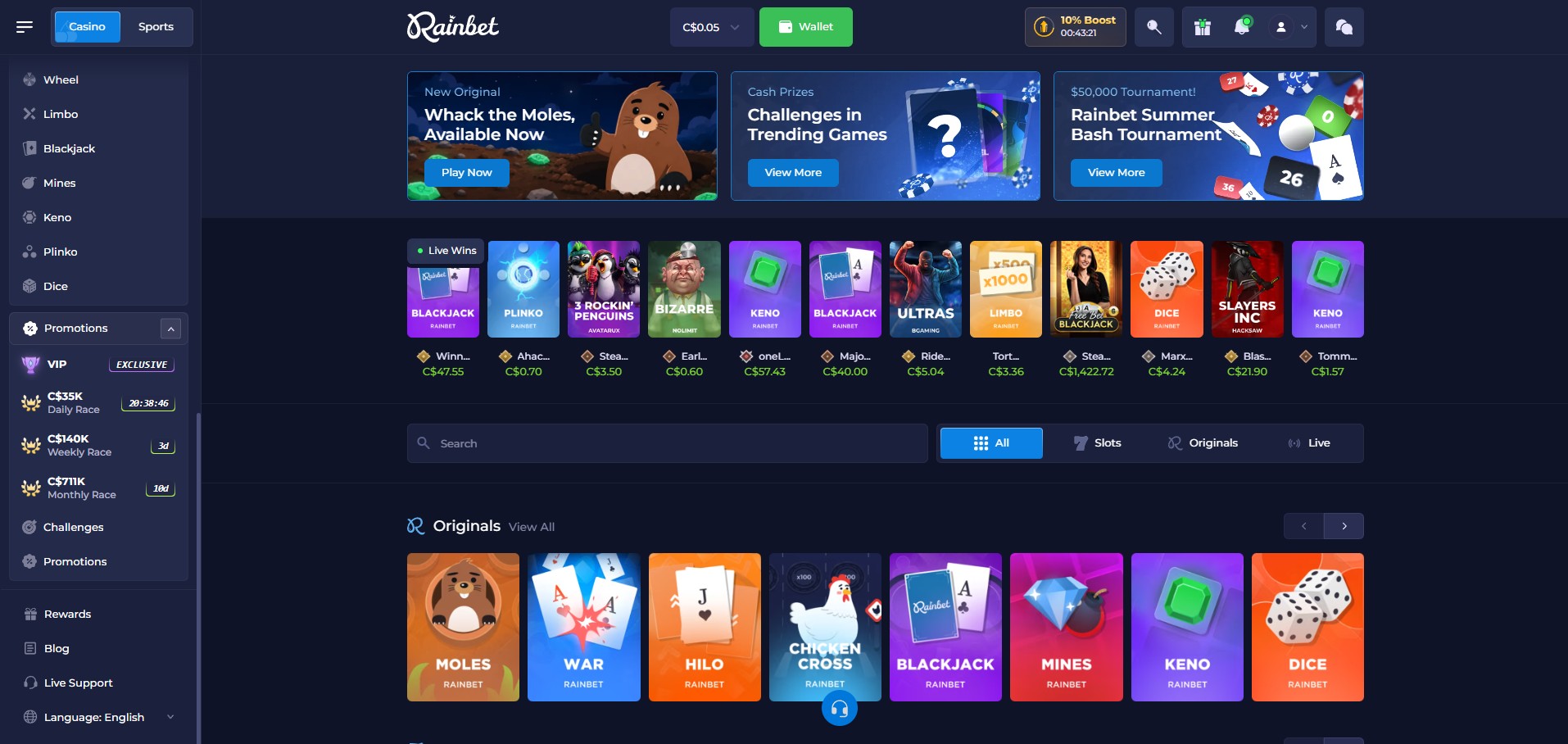 Rainbet Casino — main lobby and game selection