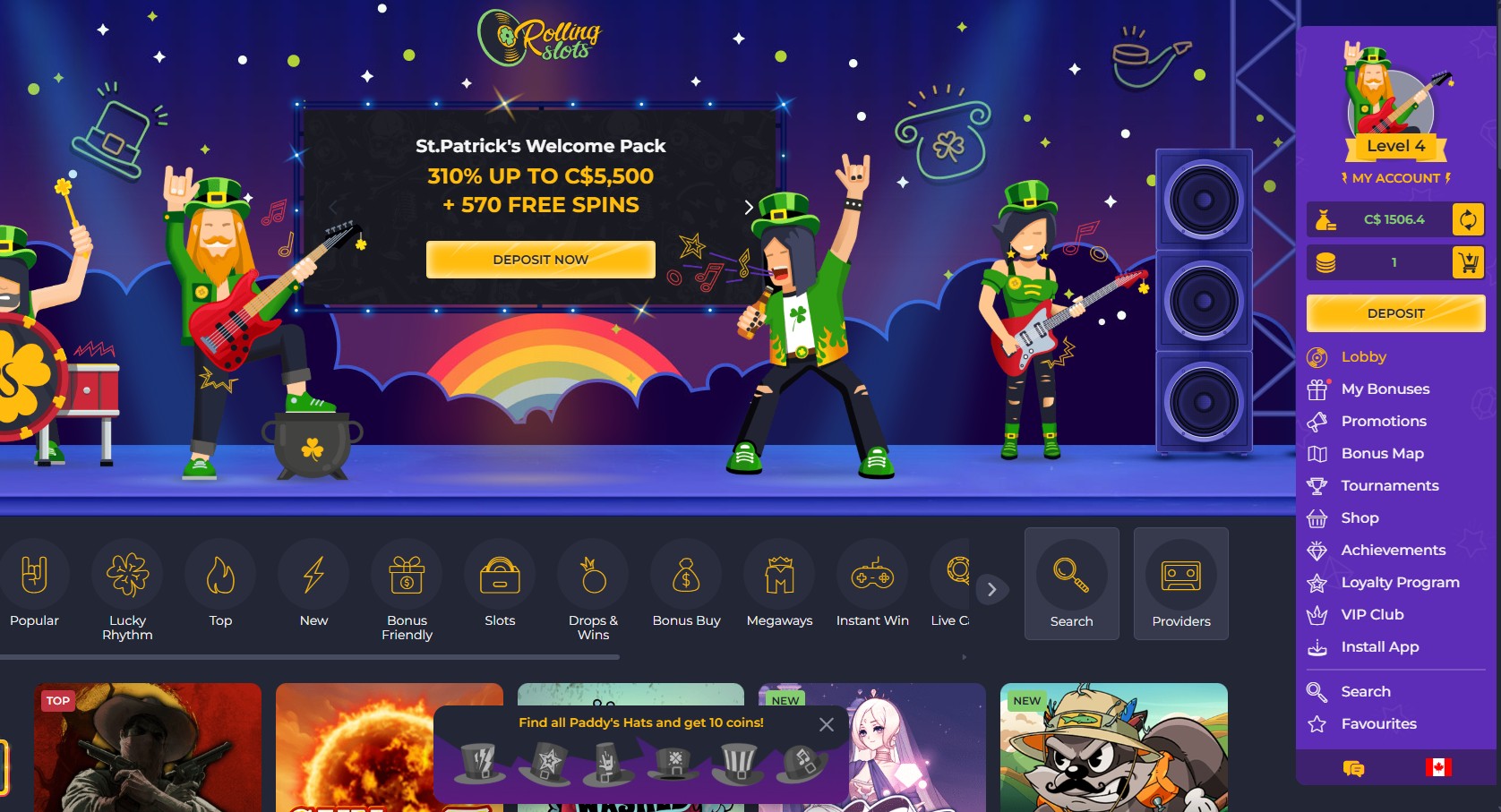 Rolling Slots Casino welcome bonus C$5,500 plus 550 free spins four-part package homepage
