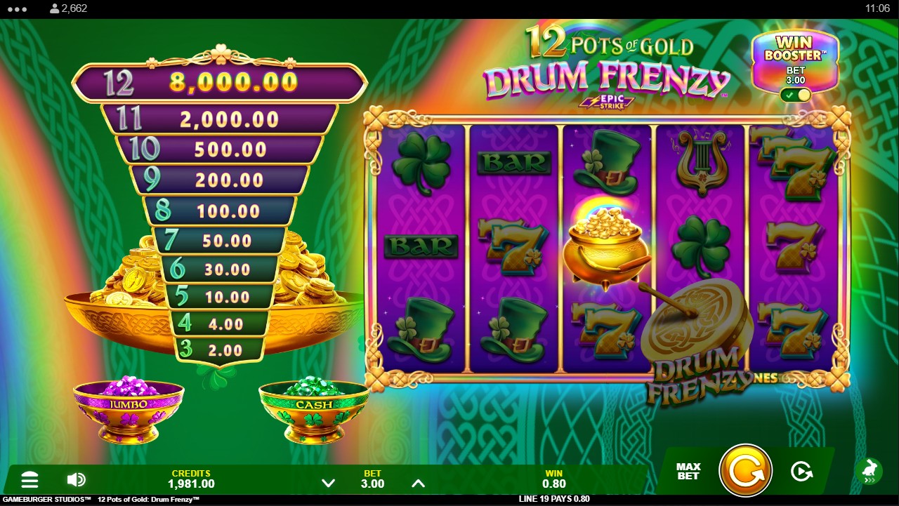 12 Pots of Gold Drum Frenzy by Gameburger – base game 5x3 20 paylines Irish pot collect mechanic