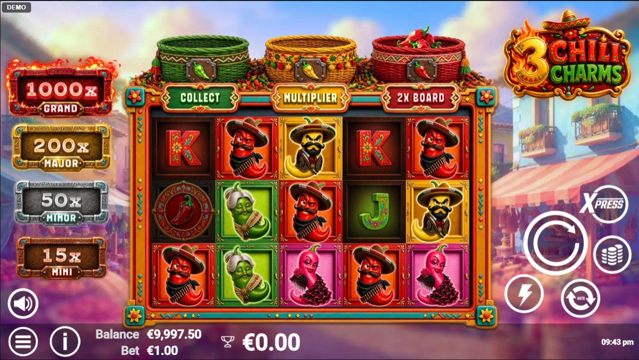 3 Chili Charms by AvatarUX — base game, 96% RTP, High volatility, 5 reels 243 ways