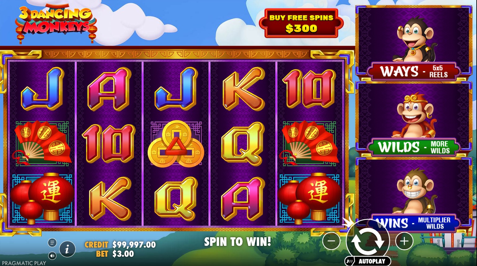 3 Dancing Monkeys by Pragmatic Play – base game 5x3 243 ways gem symbol mechanic