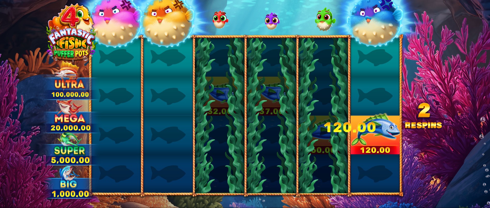 4 Fantastic Fish Puffer Pots free spins – expanded puffer fish wilds pot collect bonus, 4ThePlayer 96% RTP