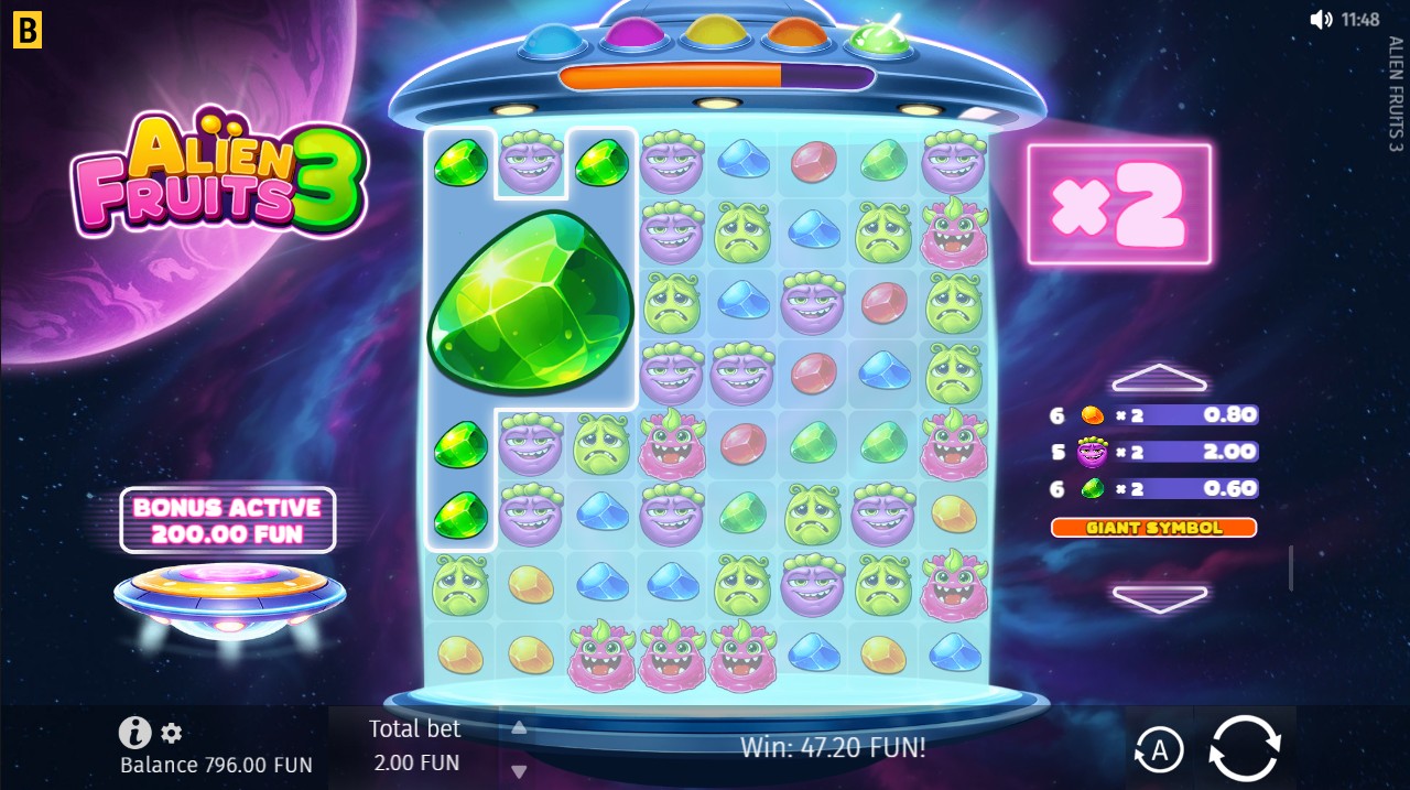 Alien Fruits 3 by BGaming – 97% RTP Medium/High volatility 10,000x max win bonus round