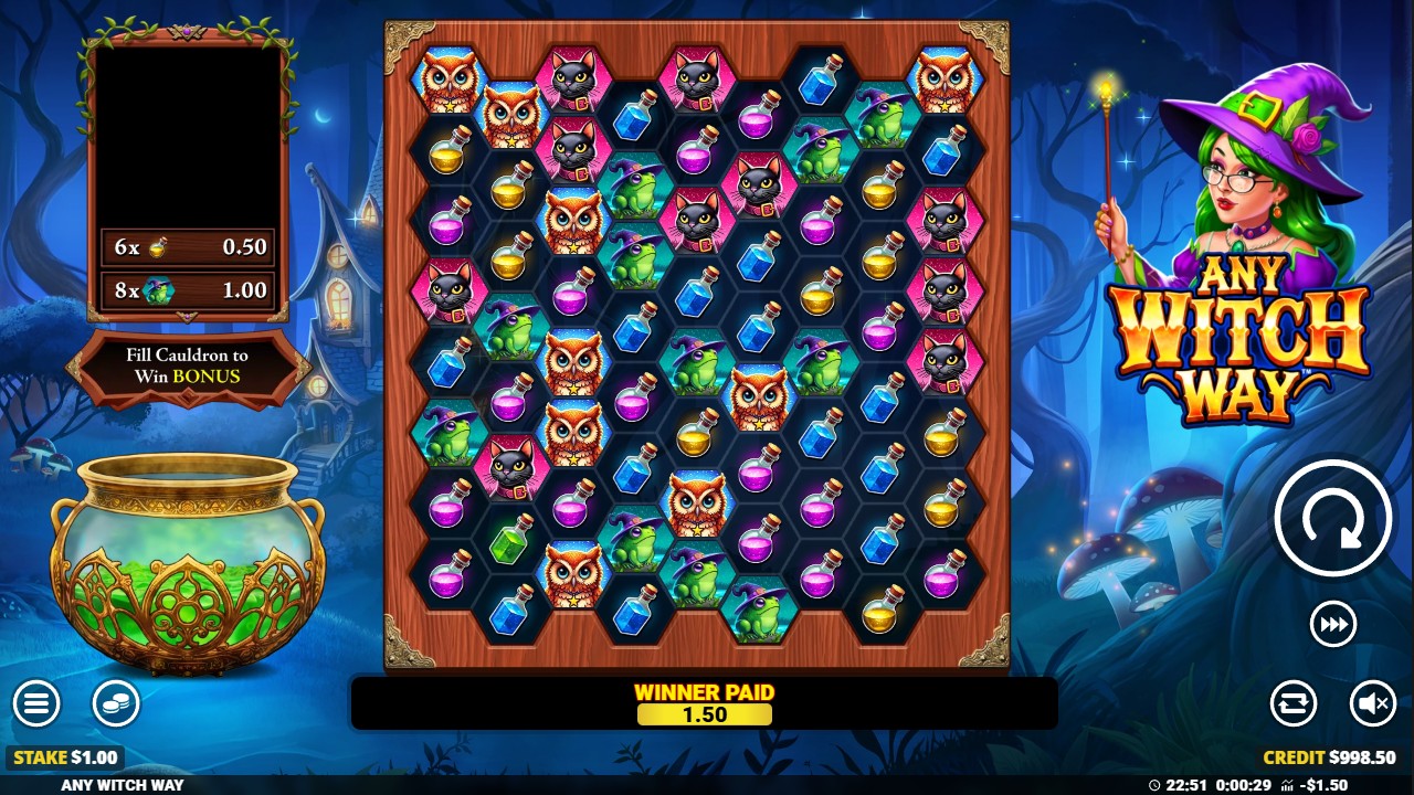 Any Witch Way by Blueprint Gaming — base game 9-reel Cluster Pays grid