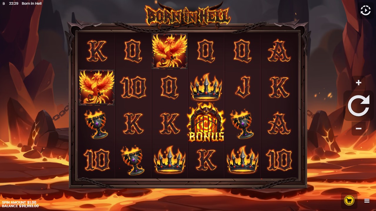 Born in Hell by Backseat Gaming — base game, 6 reels 16 paylines, 96.01% RTP High volatility