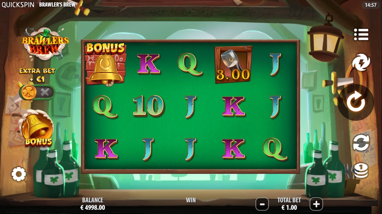Brawlers Brew by Quickspin – base game 5x3 10 paylines Cash Collect mechanic Extra Bet row