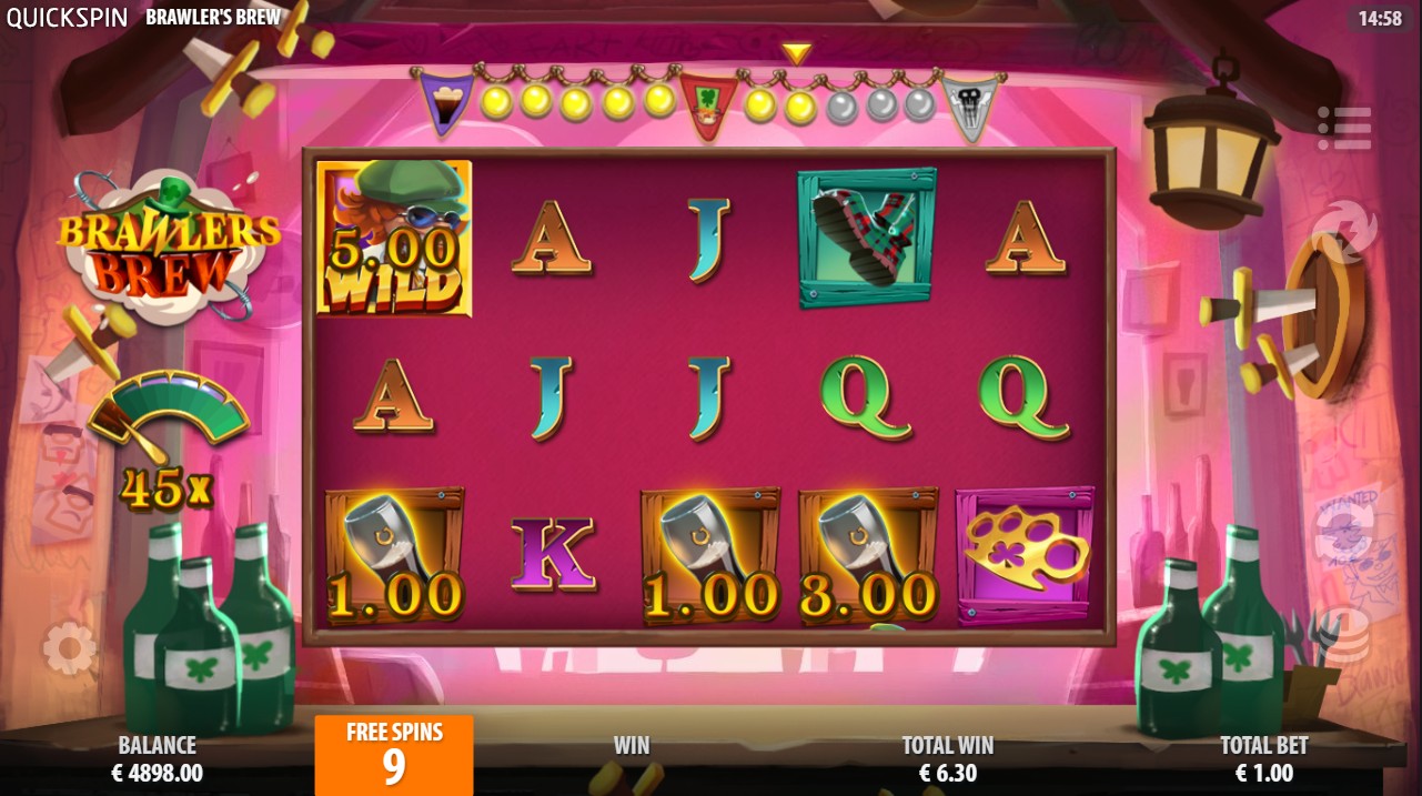 Brawlers Brew bonus – Cash Collect free spins with Extra Bet row, Quickspin 94.19% RTP