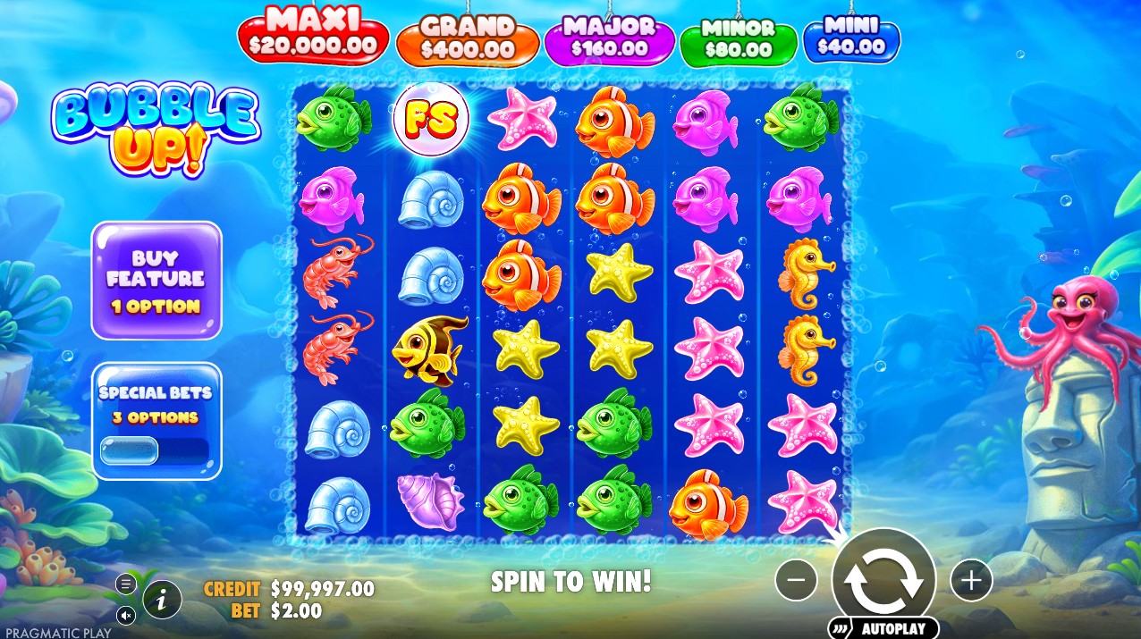 Bubble Up! by Pragmatic Play – base game 6×5 grid, pink octopus, Frame Feature inactive