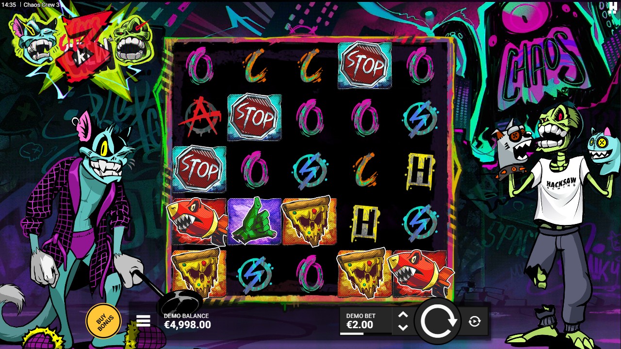 Chaos Crew 3 by Hacksaw Gaming – base game 5 reels 19 paylines Sticky Multiplier Wilds