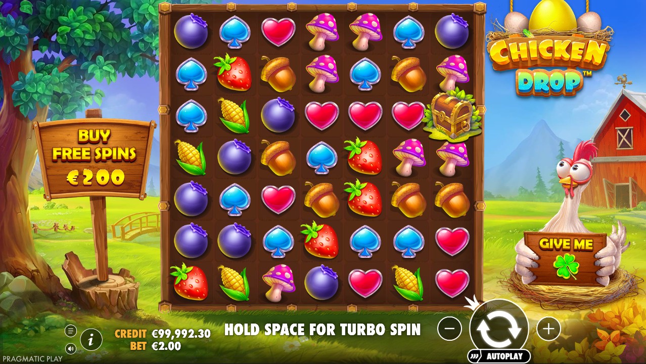 Chicken Drop by Pragmatic Play – base game 7x7 grid 4096 ways tumble cascades farm comedy theme