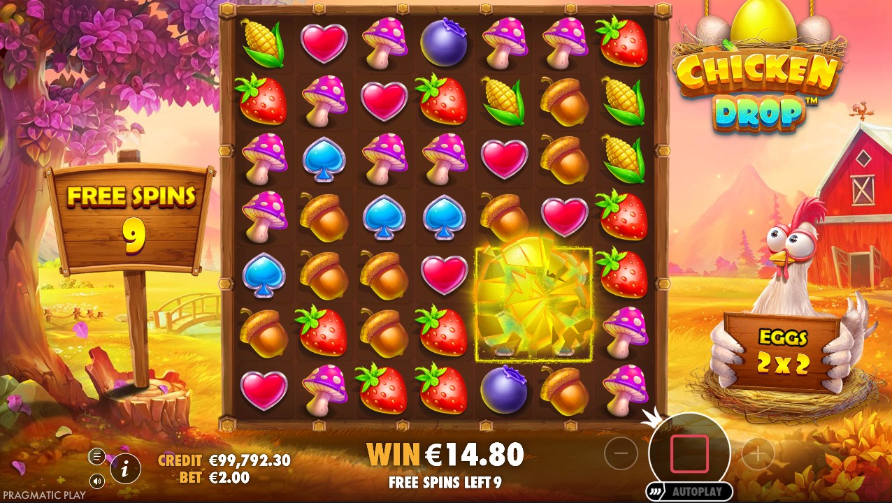 Chicken Drop bonus – Multiplier Wilds on tumble grid cascade feature, Pragmatic Play 96.45% RTP