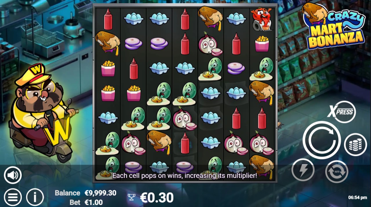 Crazy Mart Bonanza by AvatarUX – base game 7 reels PopWins Row Pays 95.93% RTP High volatility