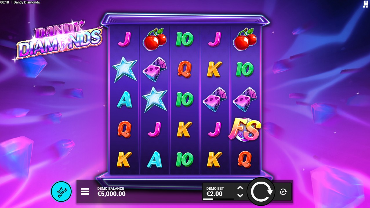 Dandy Diamonds by Hacksaw Gaming — base game 5 reels 19 paylines diamond glamour theme