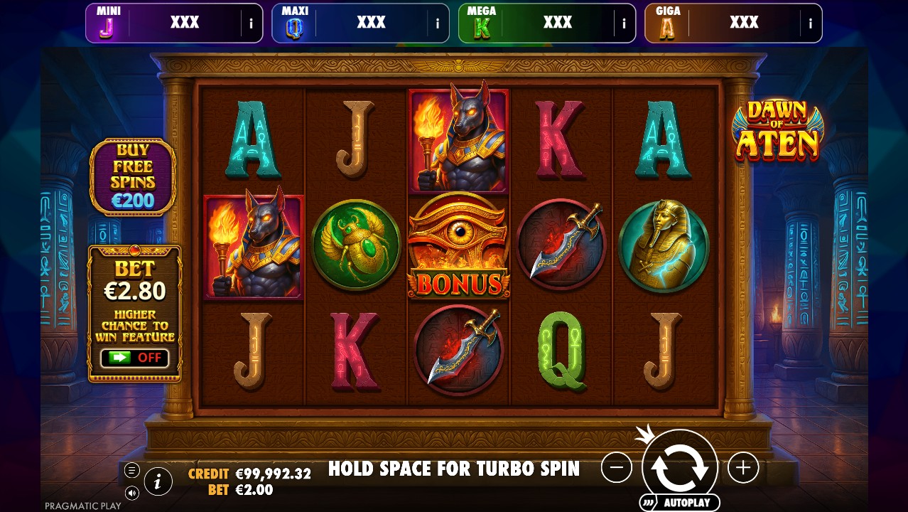 Dawn of Aten by Pragmatic Play — base game, 5 reels 25 paylines, Walking Wilds with x2–x5 multipliers