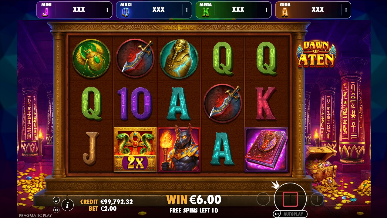 Dawn of Aten by Pragmatic Play — free spins, Walking Wilds active, multiplier stacking on payline