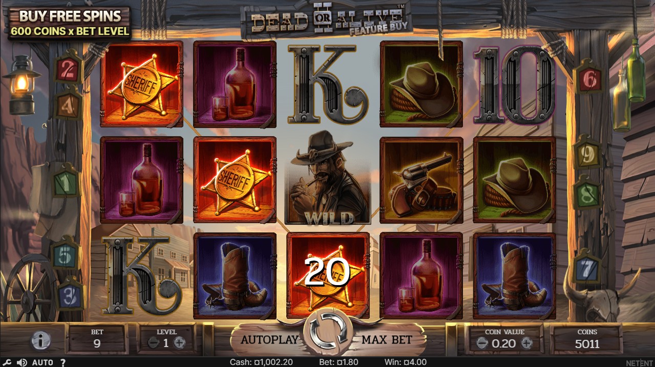 Dead or Alive 2 by NetEnt – base game 5 reels Wild West outlaw theme sticky wild mechanic