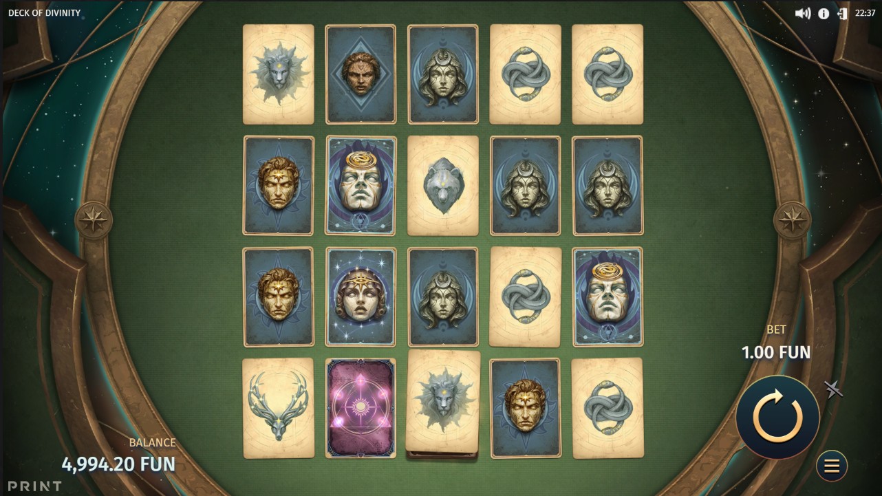 Deck of Divinity by Print Studios — base game, scatter pays, five-tier Prize Card system