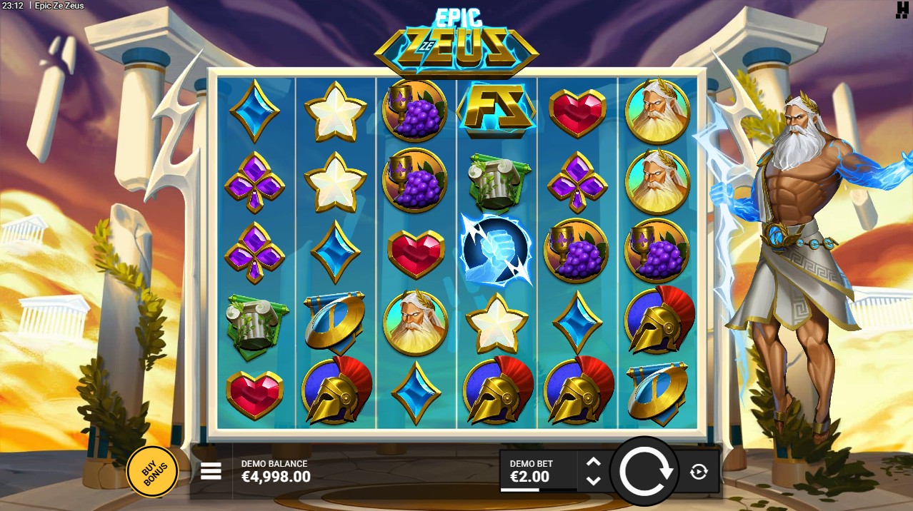 Epic Ze Zeus by Hacksaw Gaming — base game 6-reel cluster pays High volatility 96.22% RTP 28.5% hit frequency