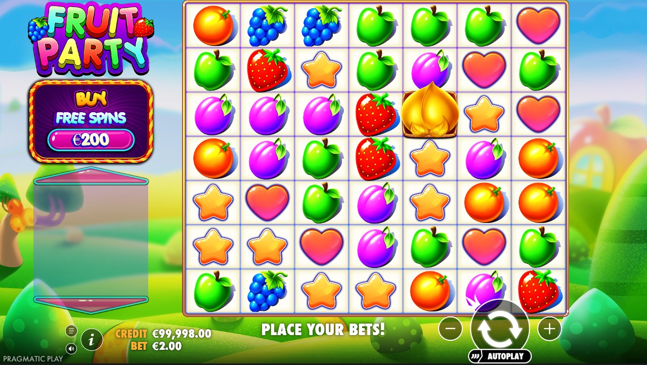 Fruit Party by Pragmatic Play – base game 7x7 cluster pays Multiplier Wilds cascading tumbles