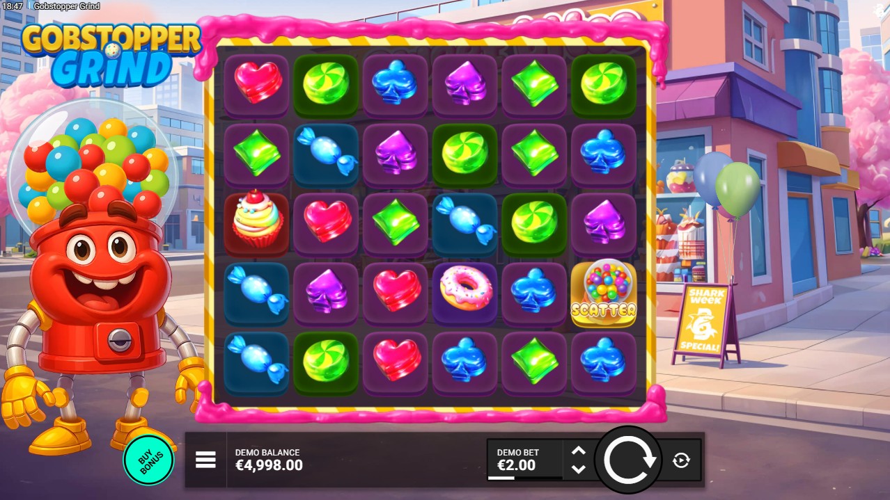Gobstopper Grind slot by Bullshark Games, base game on the 6-reel scatter pays grid