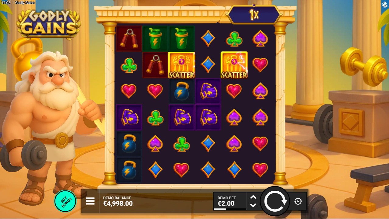 Godly Gains by Bullshark Games – base game 6x6 cluster pays God Mode mechanic mythology theme