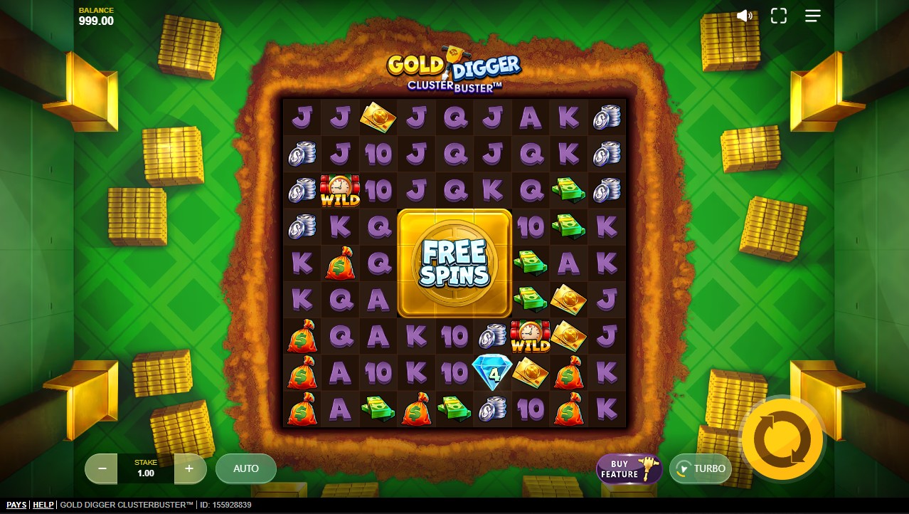 Gold Digger Clusterbuster by Red Tiger — base game, 9×9 grid, 96.11% RTP High volatility