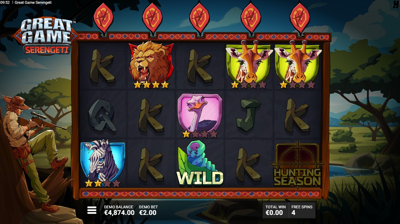 Great Game Serengeti – Free Spins bonus round with wild multiplier symbols on the Serengeti reels