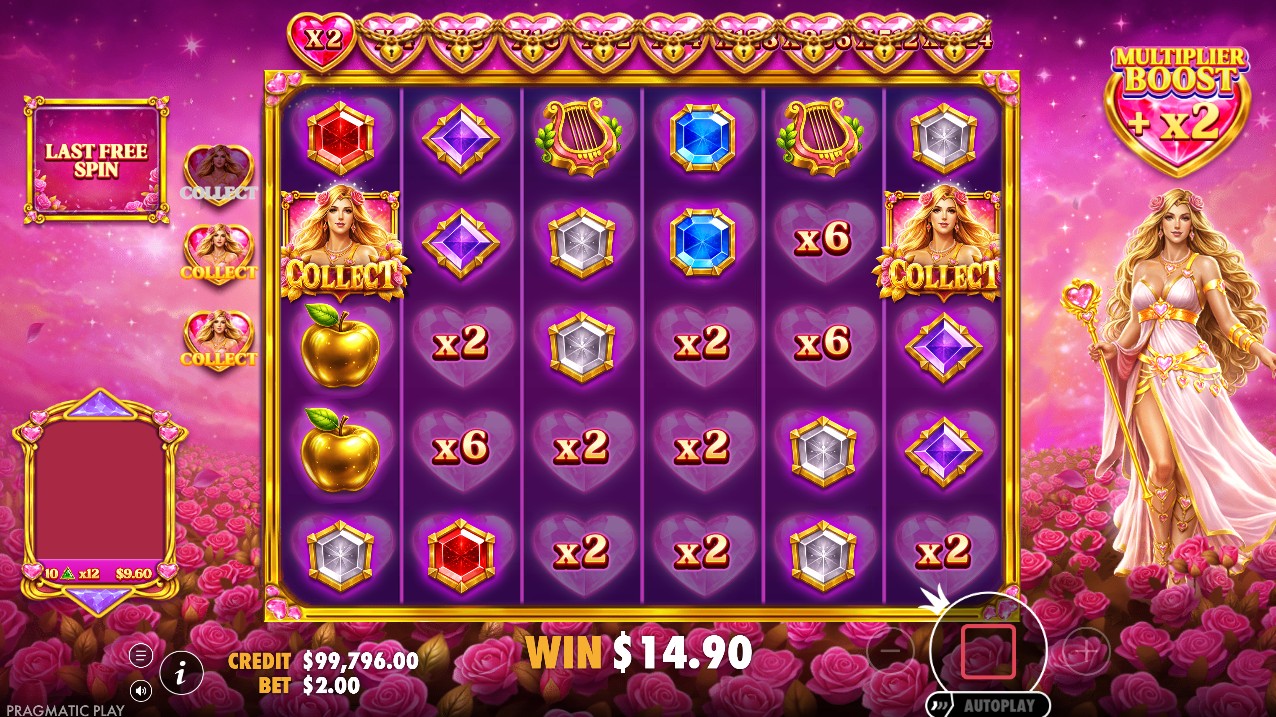 Hearts of Venus – Free Spins bonus round with accumulated grid multipliers on the 6×5 layout