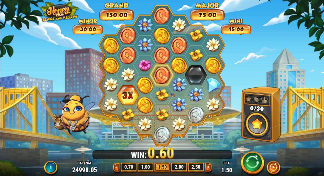 Honey Rush Black and Yellow by Play'n GO – 96.25% RTP Extreme volatility 20,000x max win base game