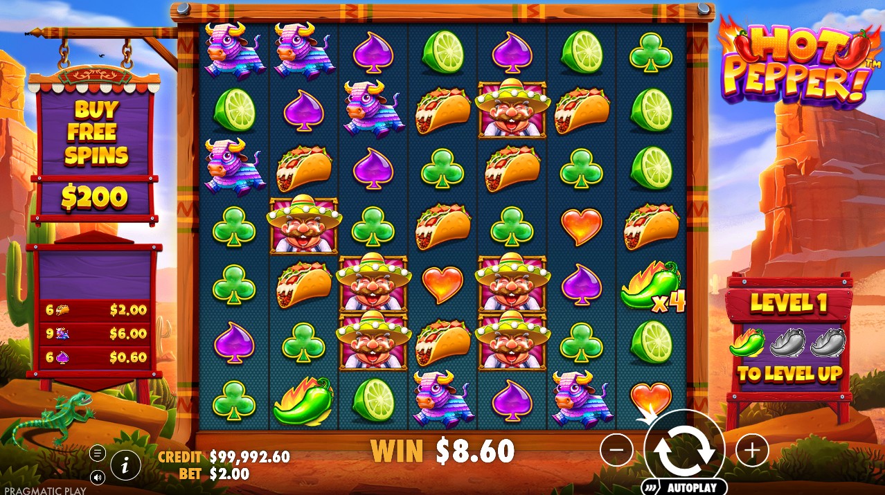 Hot Pepper! by Pragmatic Play – base game 7-reel cluster pays Mexican theme high volatility