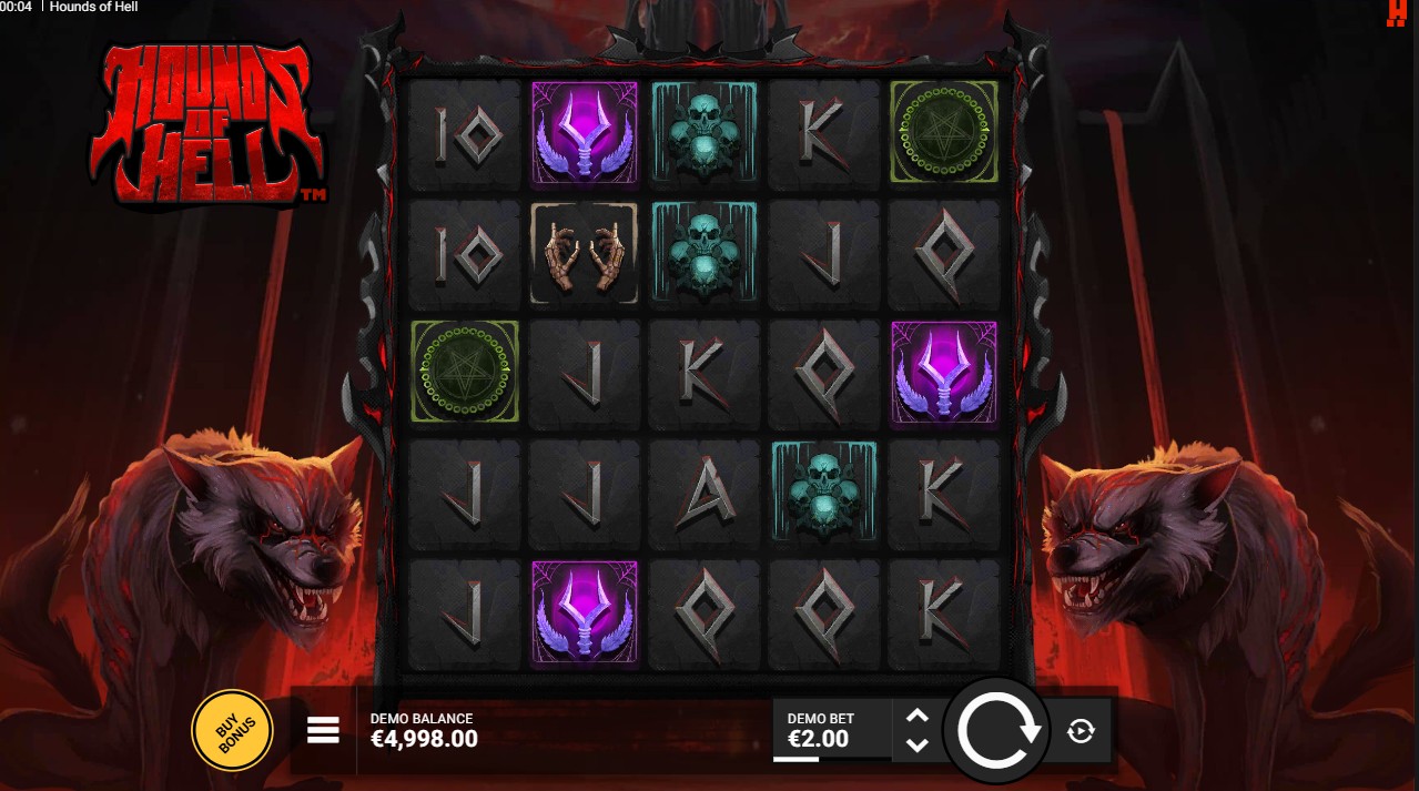 Hounds of Hell by Hacksaw Gaming – base game 5-reel Scatter Pays demonic hellhound theme