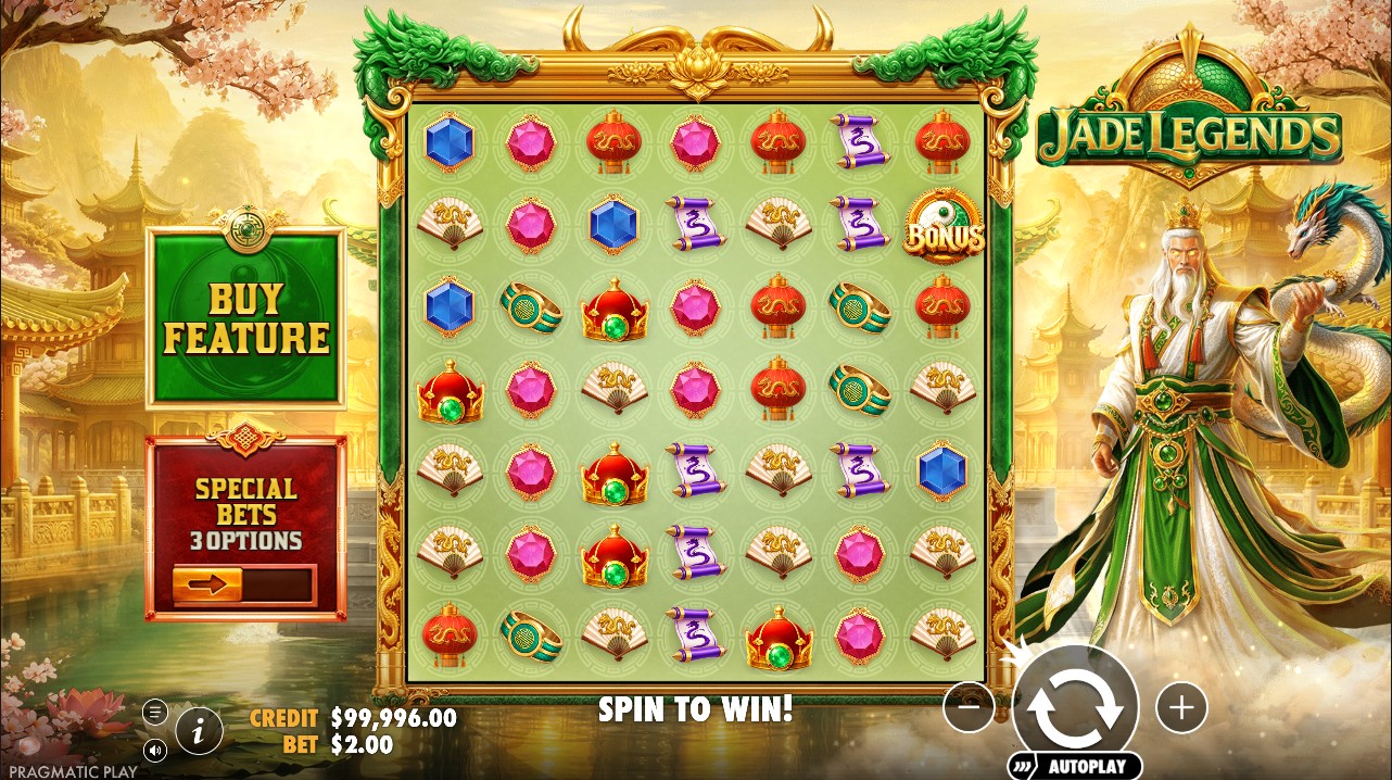 Jade Legends by Pragmatic Play — base game 7x7 cluster pays grid with Coin Collect and Tumble