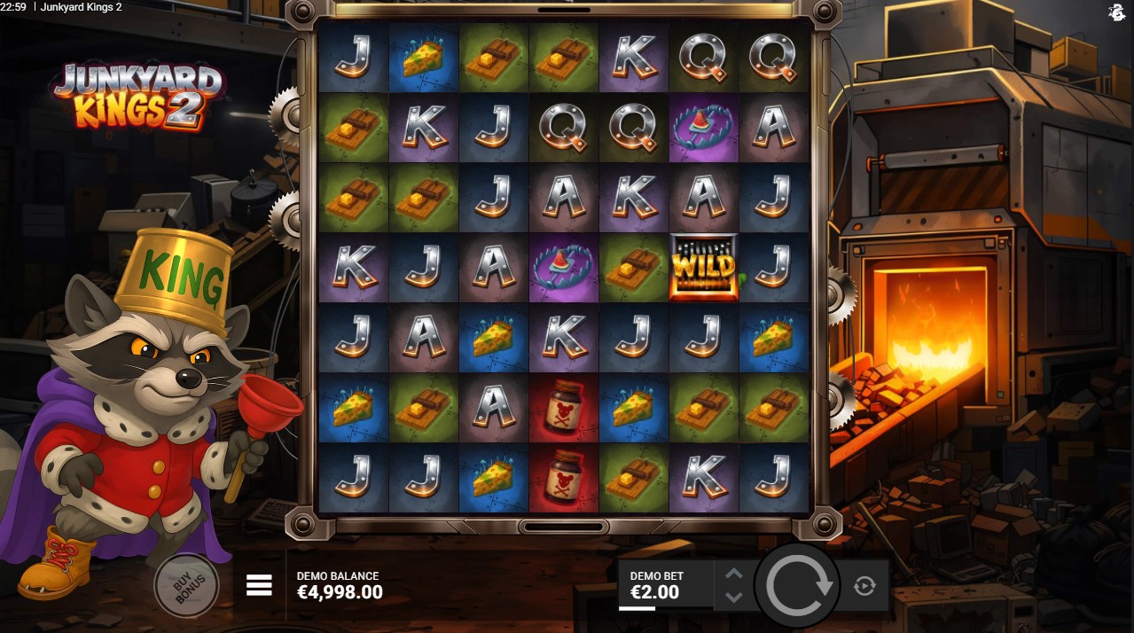 Junkyard Kings 2 by Bullshark Games – base game 7-reel cluster pays explosive scrapyard mechanics