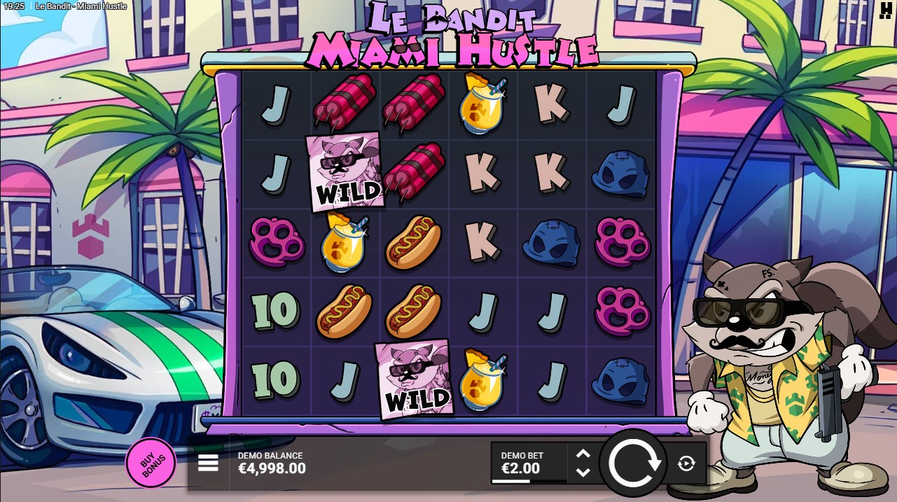 Le Bandit Miami Hustle by Hacksaw Gaming — base game 6 reels cluster pays Miami theme