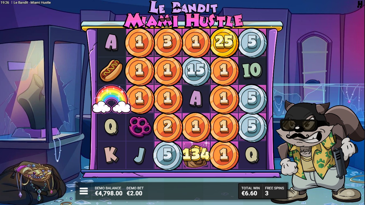 Le Bandit Miami Hustle by Hacksaw Gaming — bonus round cluster pays multipliers 50,000x max win