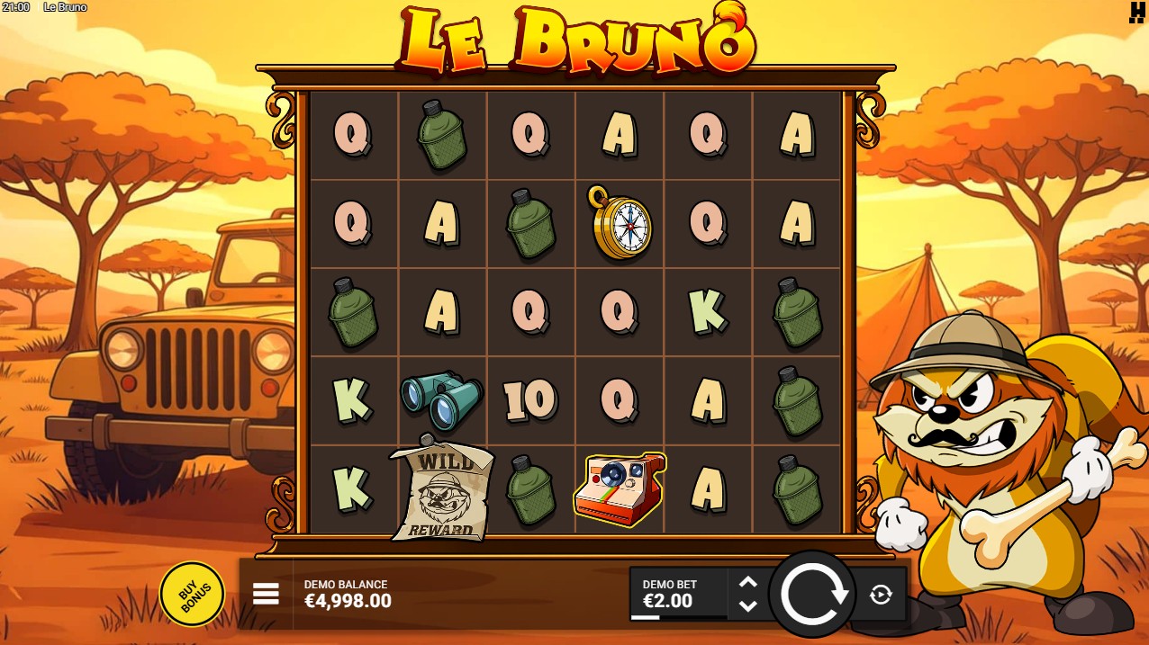 Le Bruno by Hacksaw Gaming – base game cluster pays grid, safari lion explorer