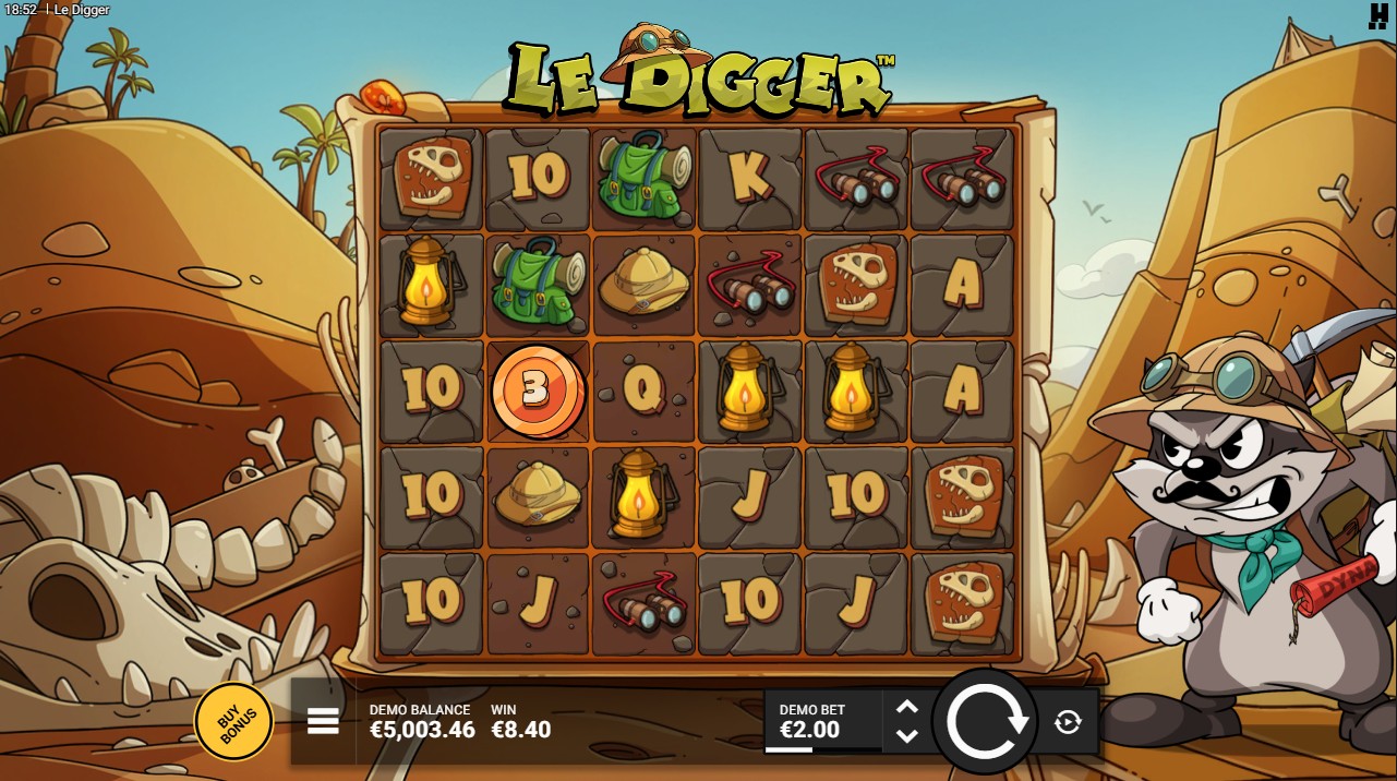Le Digger slot by Hacksaw Gaming, base game on the 6-reel cluster pays grid