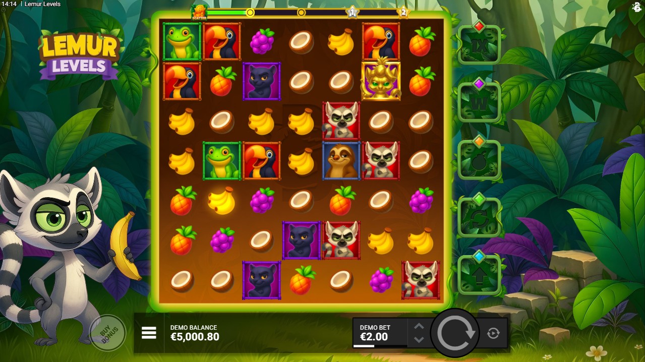 Lemur Levels by Bullshark Games – base game 7x7 cluster pays Jungle Journey 4-level bonus