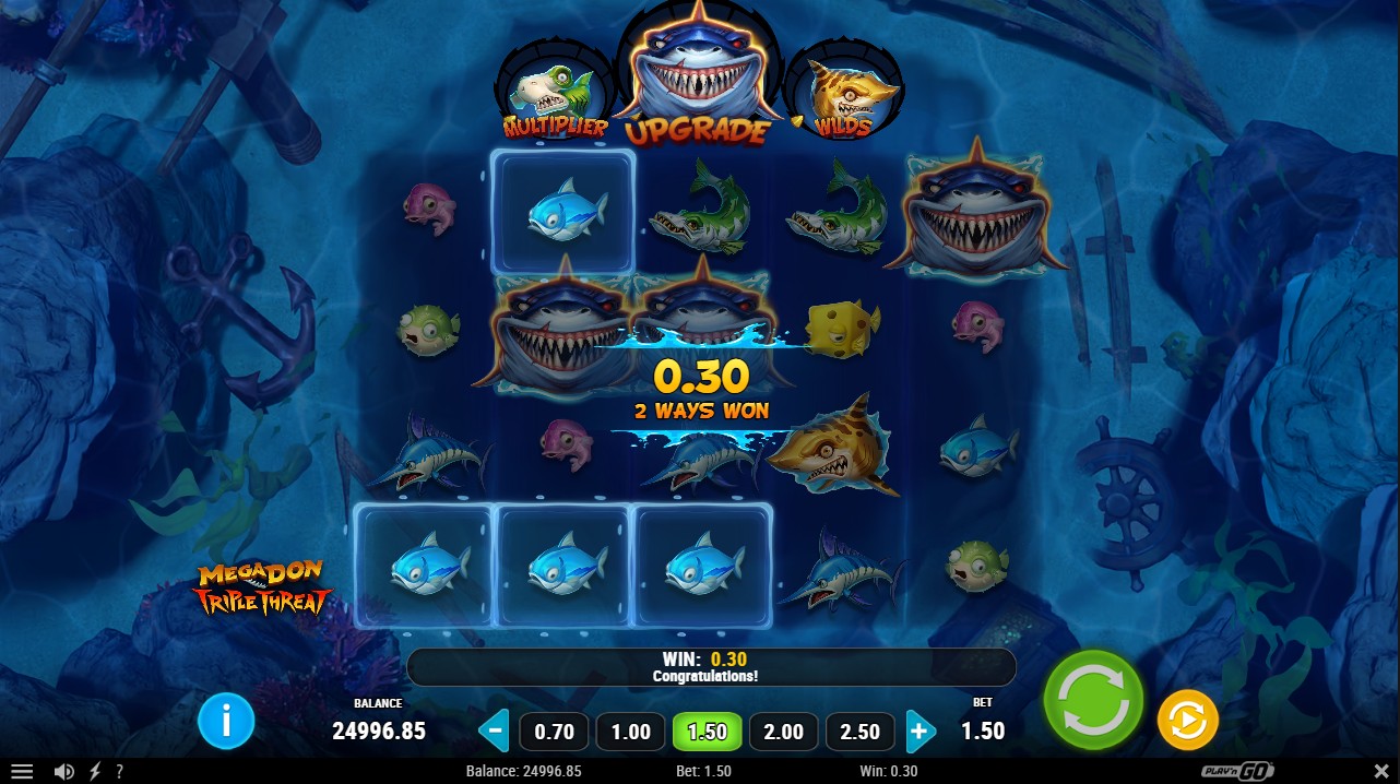 Megadon Triple Threat by Play'n GO – base game 3 shark characters Hangry Meter Sticky Wilds