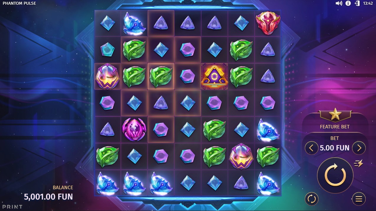 Phantom Pulse by Print Studios – base game 7-reel cluster pays sci-fi energy theme