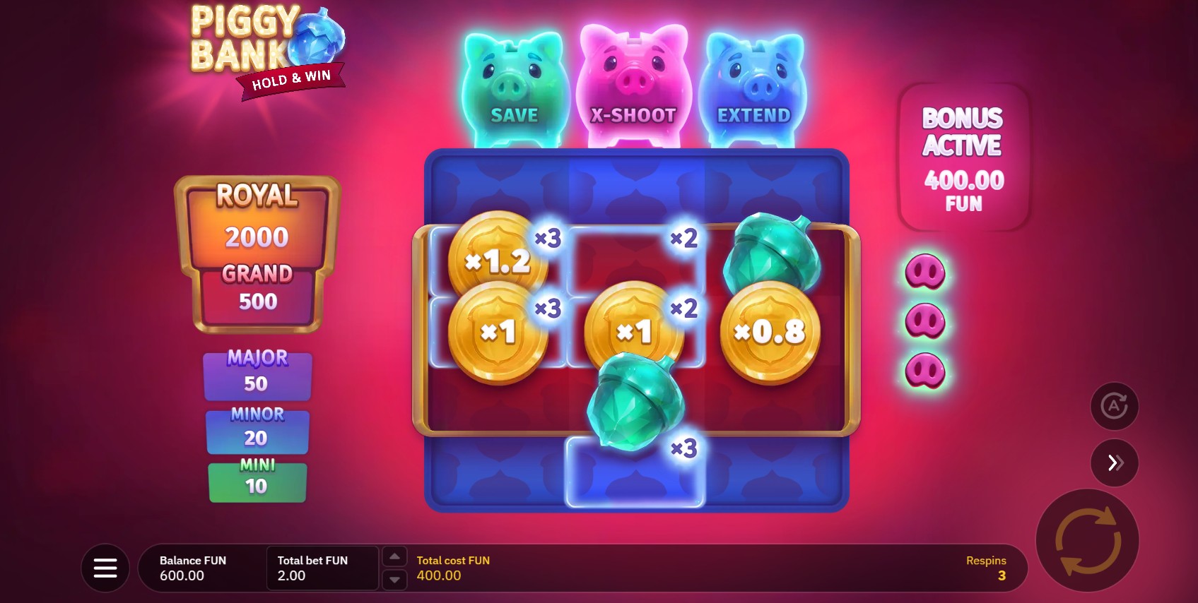 Piggy Bank Hold and Win re-spin – hold and win re-spin feature 2,500x max win, BGaming 96.98% RTP