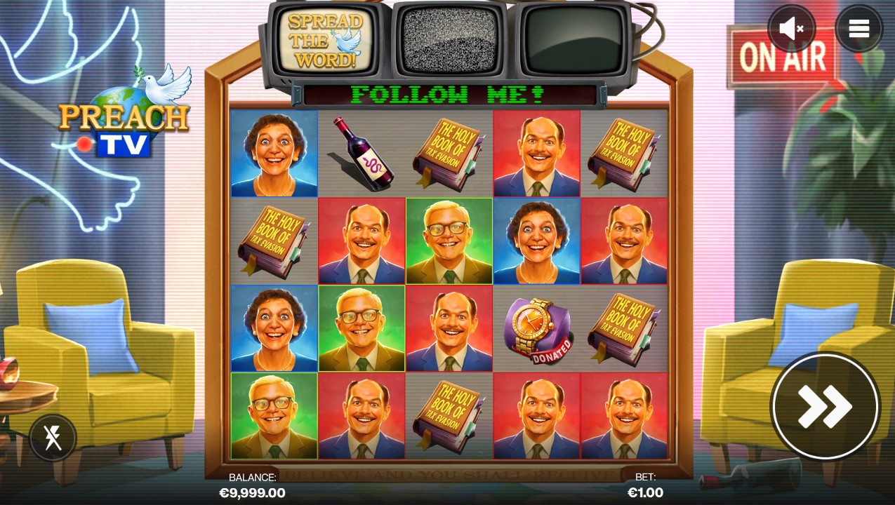 Preach TV by Shady Lady – base game 5 reels 1024 ways satirical TV preacher theme