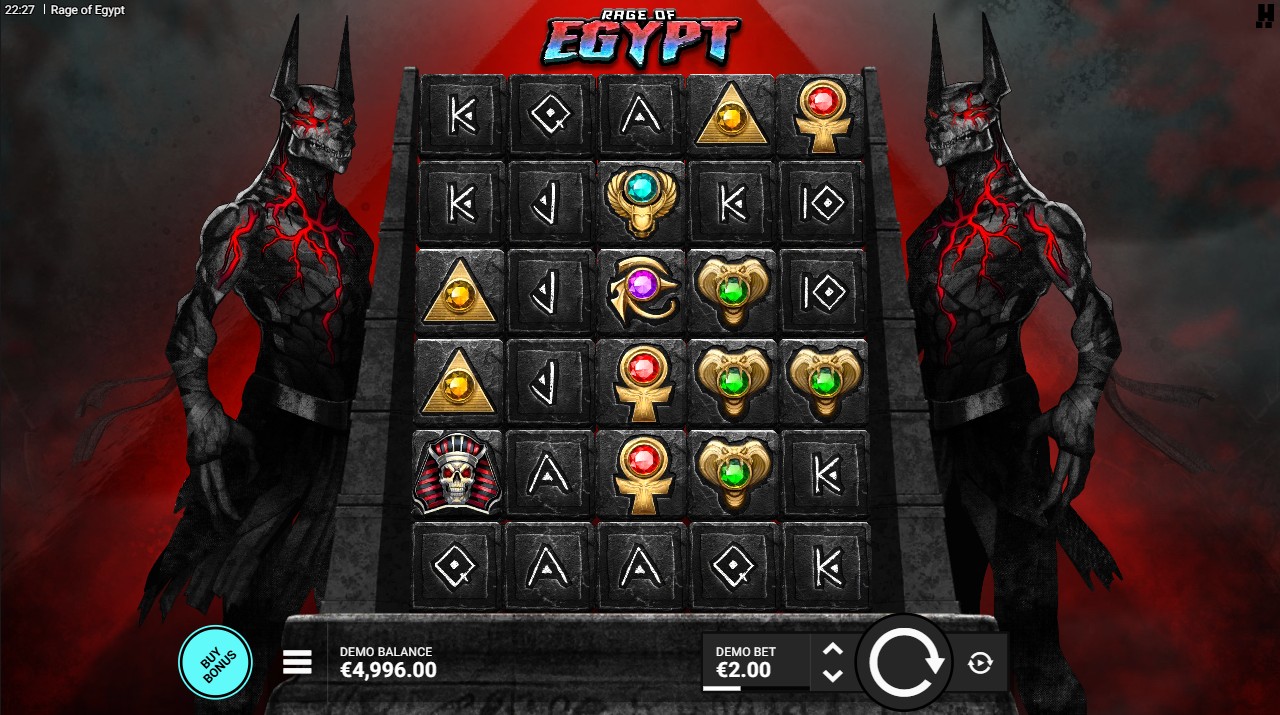Rage of Egypt by Hacksaw Gaming — base game, 5×6 cluster pays, 97.49% RTP High volatility