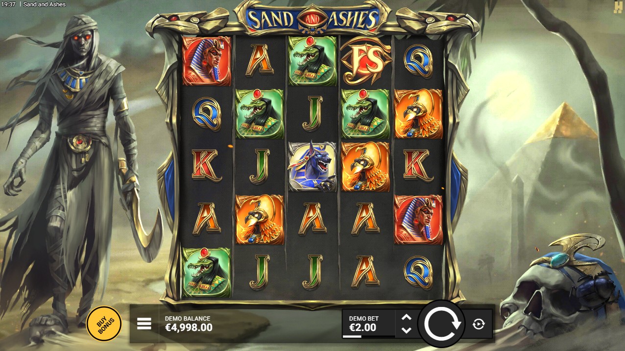 Sand and Ashes slot by Hacksaw Gaming, base game on the 5-reel grid