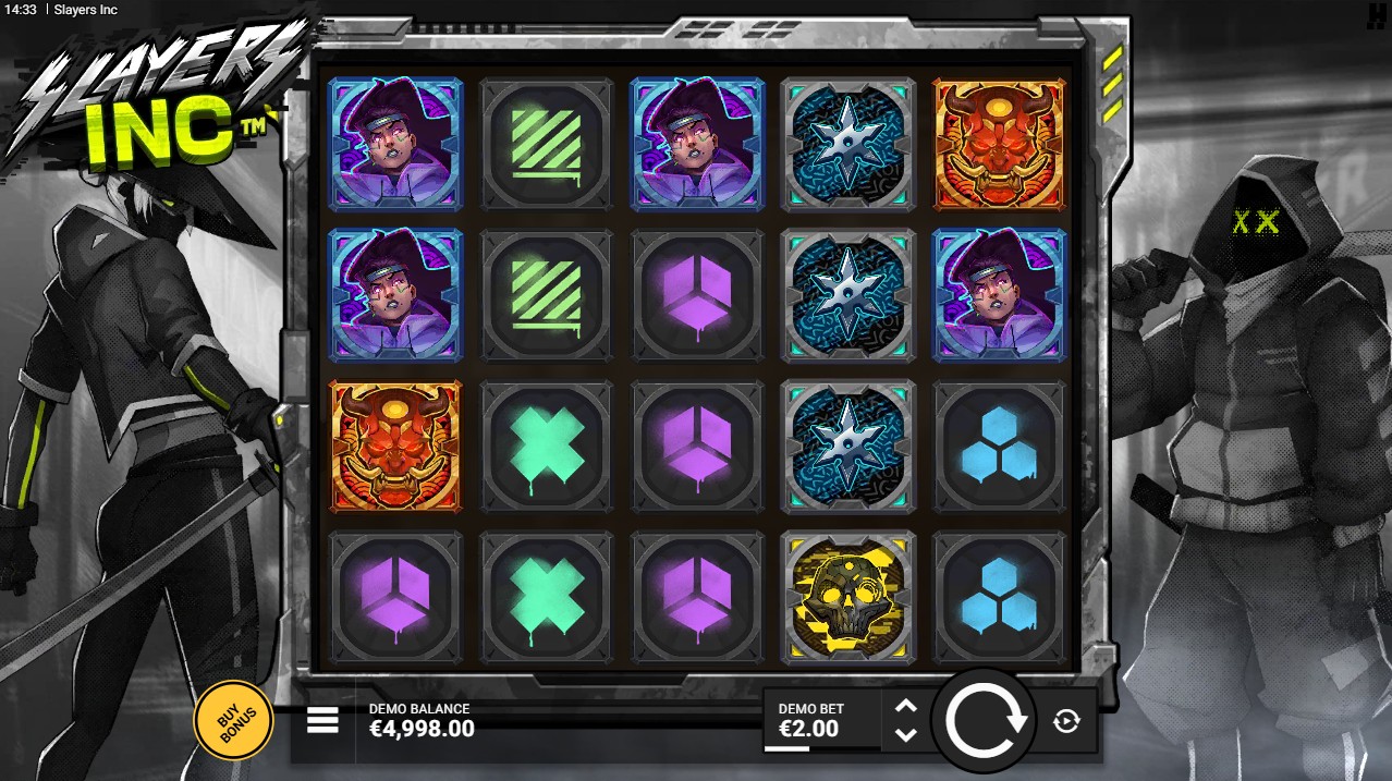 Slayers Inc by Hacksaw Gaming – base game 6 reels 14 paylines corporate mercenary Multiplier Wilds