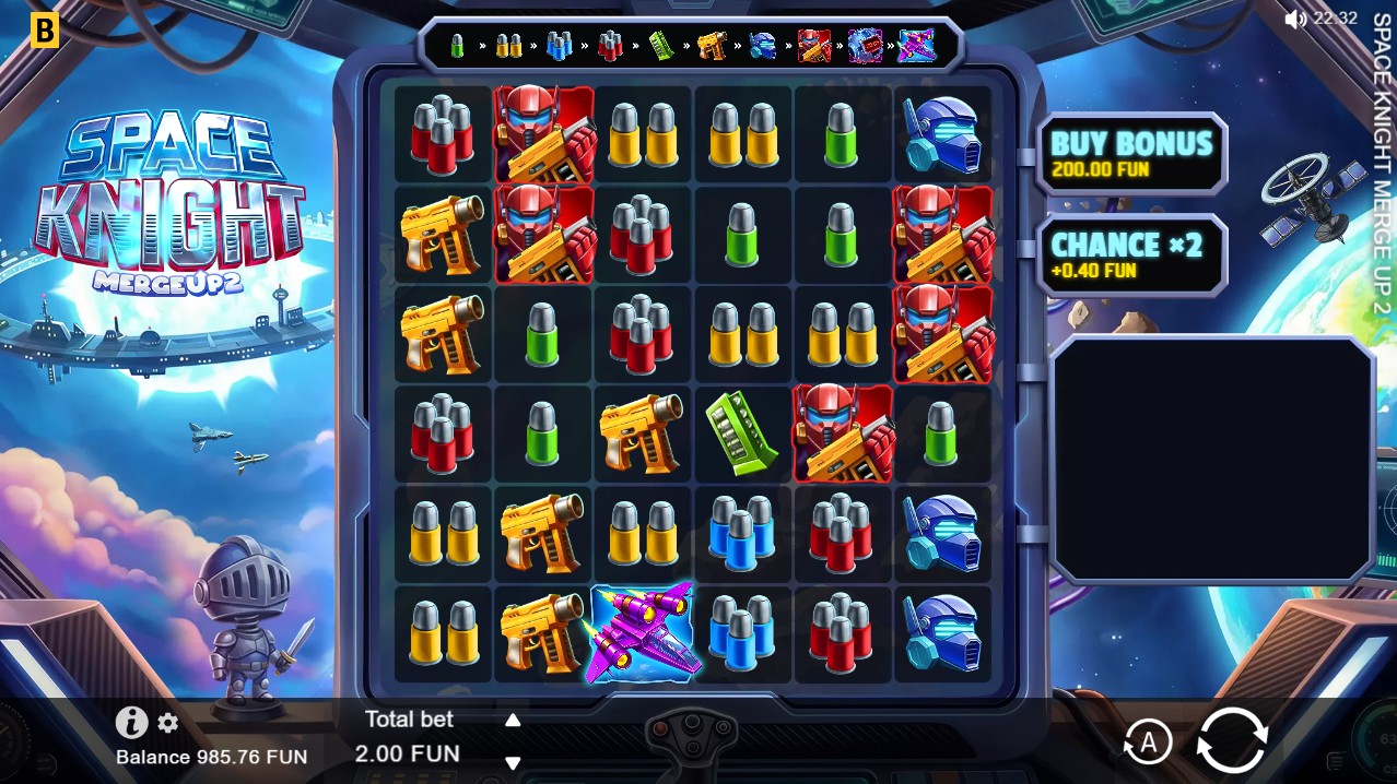 Space Knight Merge Up 2 by BGaming — base game, 6×6 cluster pays, 98% RTP