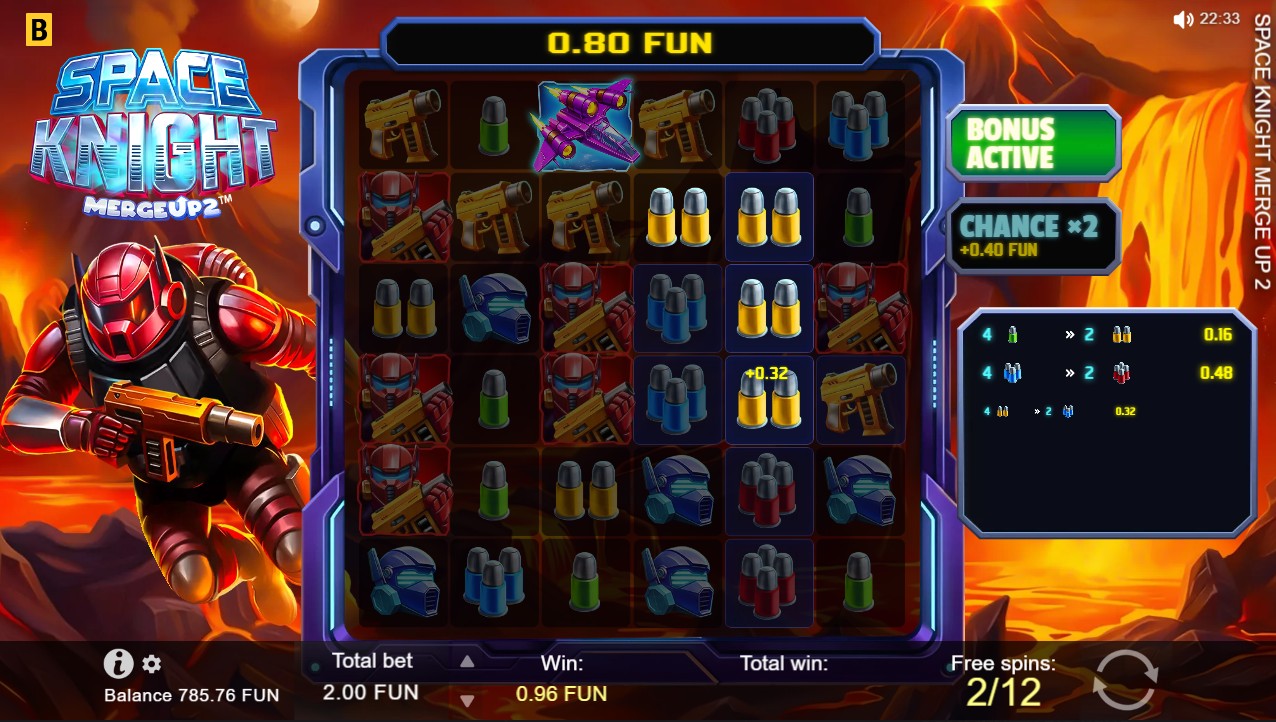 Space Knight Merge Up 2 by BGaming — free spins, multipliers frozen, Merge Up system active