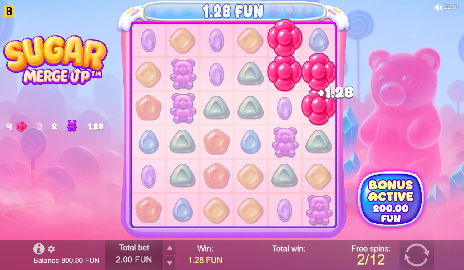 Sugar Merge Up free spins – accumulated merged symbol tiers cluster bonus, BGaming 97% RTP